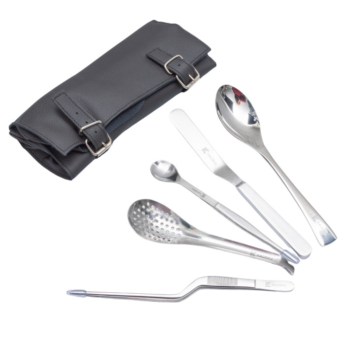 Kazoku Gourmet Tools 5-Piece Stainless Steel + Leather Roll Folder